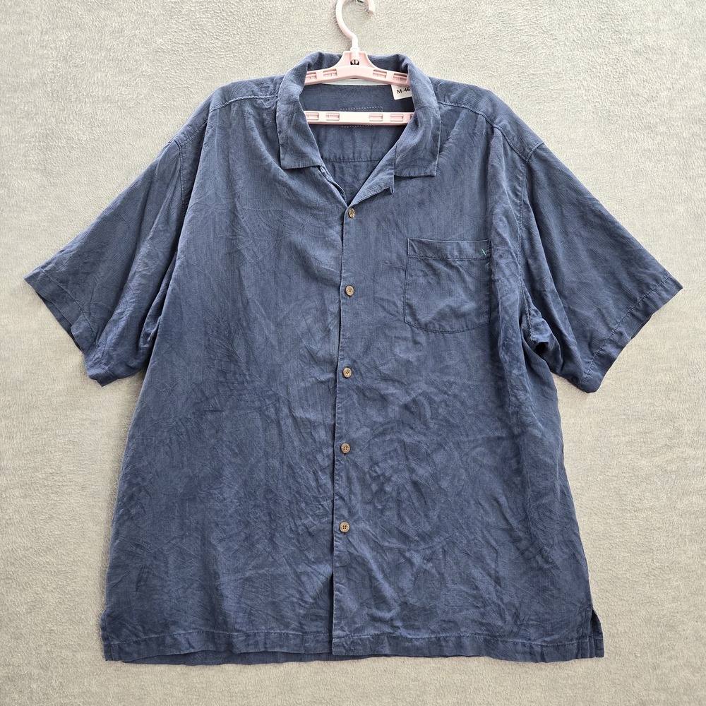 Tommy Bahama Men Button Up Shirt 2XL Blue 100% Silk Palm Leaf Short Sleeve